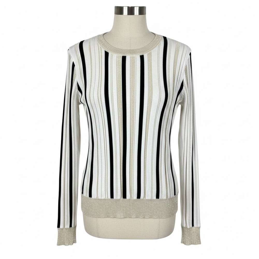 Molly Bracken Sweater Women S White Black Gold Stripe Metallic Knit Crew Neck S